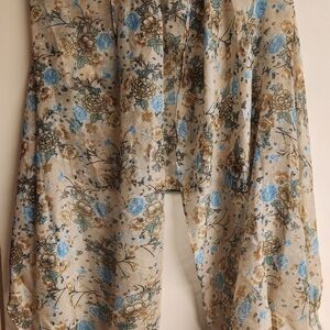 Floral Print Scarf in Blue and Tan